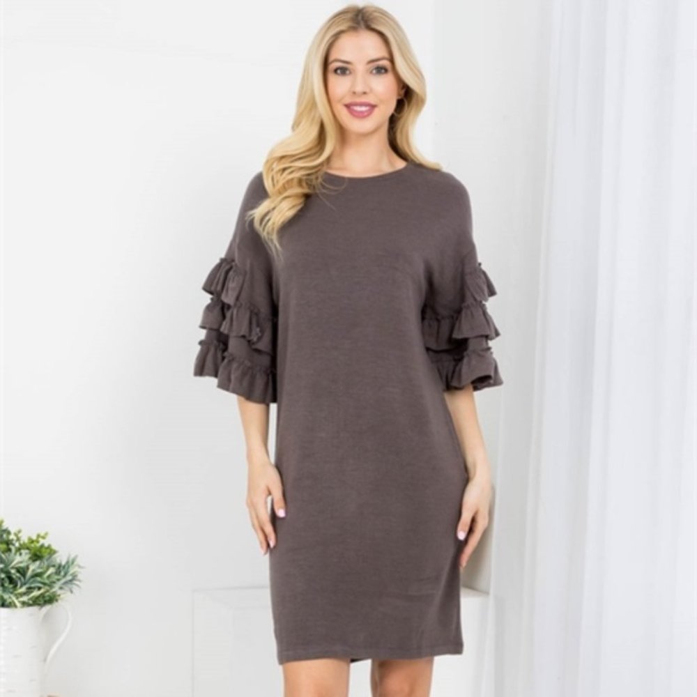 S BROWN ROUND NECKLINE MULTI TIERED RUFFLE SLEEVES MINI DRESS